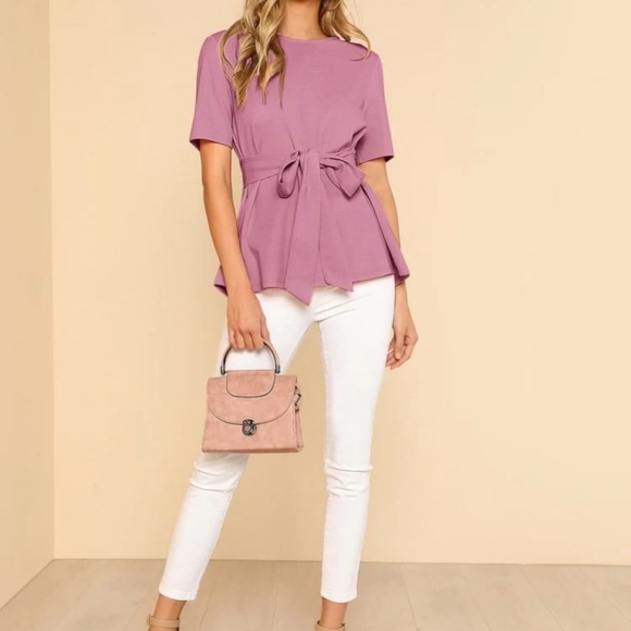 Keyhole Back Self Belted Mauve Top - Picture 5 of 5